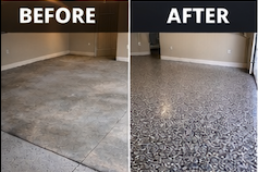 Before and after comparison of garage floor epoxy coating with flake finish in Austin, Texas