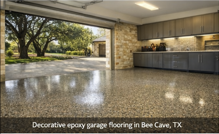 Decorative flake epoxy garage flooring in Bee Cave, Texas
