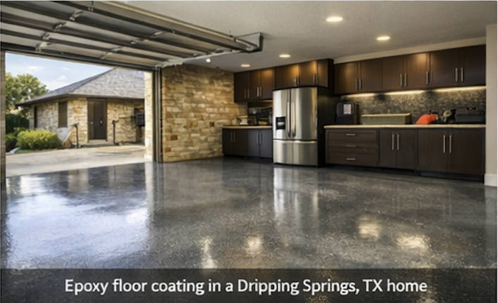 Epoxy floor coating in a Dripping Springs, Texas home