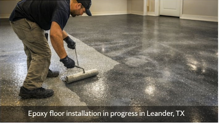 Epoxy floor installation in progress in Leander, Texas