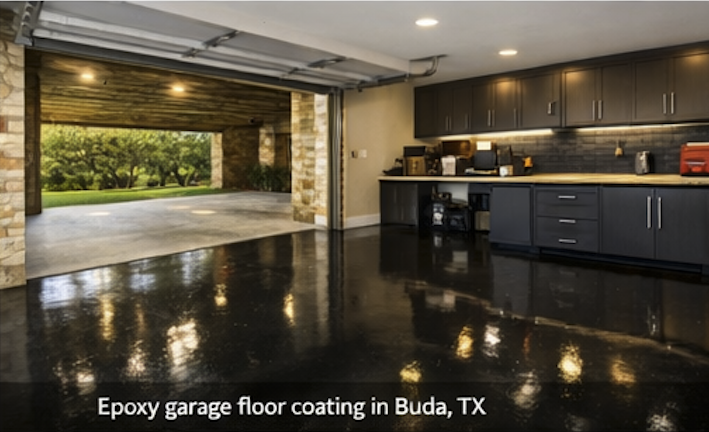 Epoxy garage floor coating in Buda, Texas home