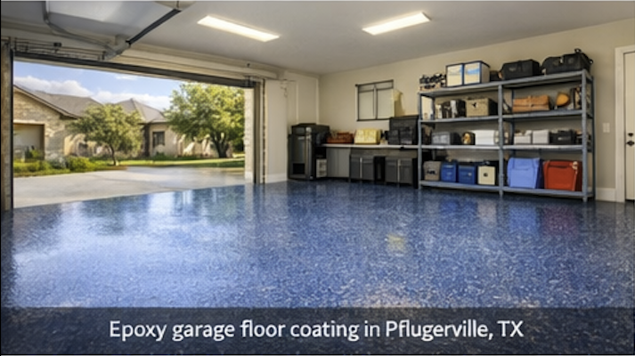 Flake epoxy garage floor coating in Pflugerville, Texas home