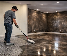 Professional installer applying metallic epoxy floor coating in Austin, Texas basement