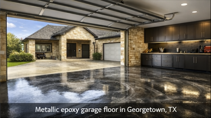 Metallic epoxy garage floor in Georgetown, Texas luxury home