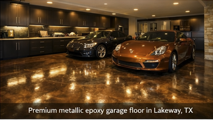 Premium metallic epoxy garage floor in Lakeway, Texas luxury home